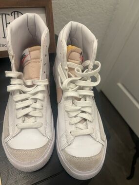 Nike White High-Top Sneakers with Beige and Pale Pink Accents